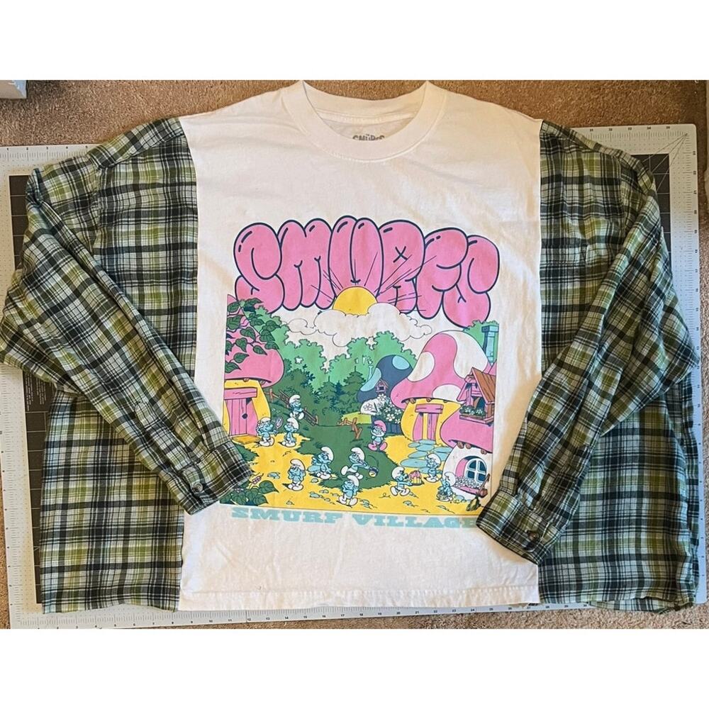Smurfs campfire shirt, reworked tee & flannel shirt, XL oversized
